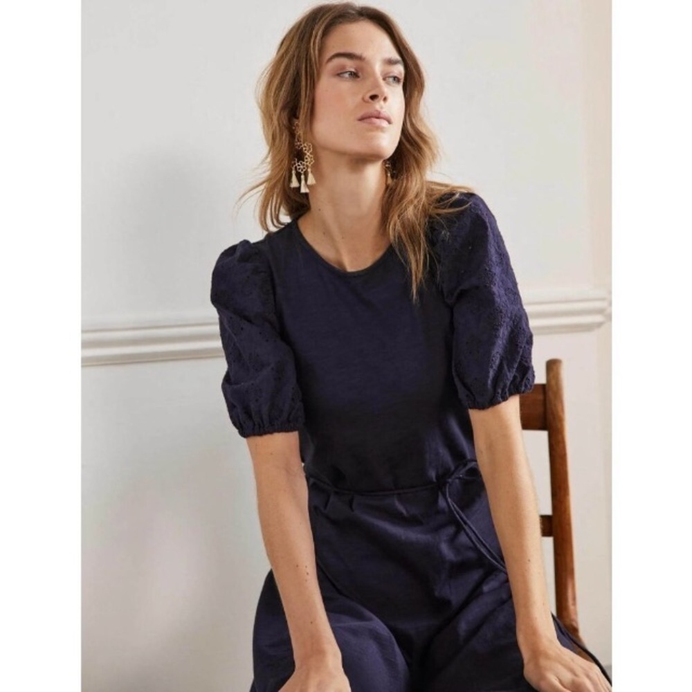Boden Broderie Mix Jersey Midi Dress 12 Navy Blue Cotton Eyelet Puff Sleeves - Picture 4 of 13